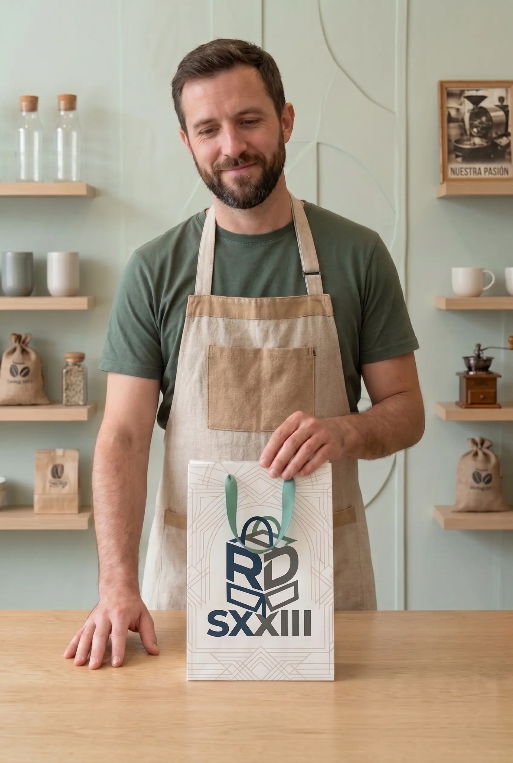 Empresario con su bolsa con el logo impreso por siglo XXII