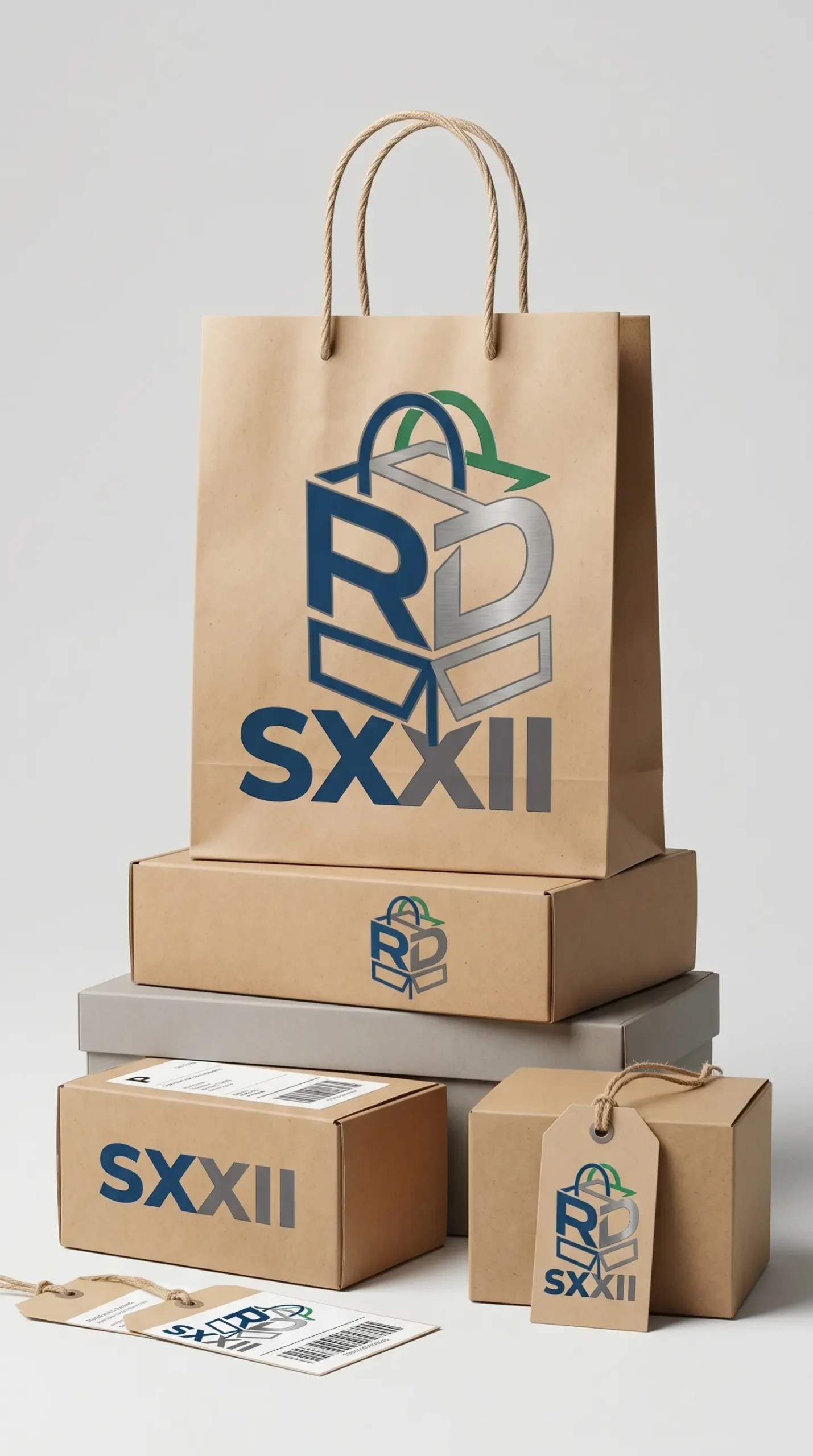 Cajas, etiqueyas y bolsas con el logotipo de SXXII